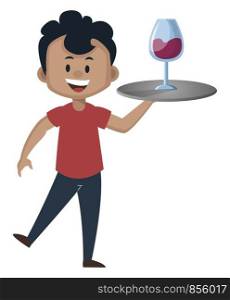 Boy is serving glass of vine, illustration, vector on white background.