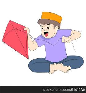 boy is sitting happily making kites in spare time. vector design illustration art