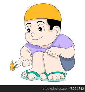 boy is sitting playing with matches. vector design illustration art
