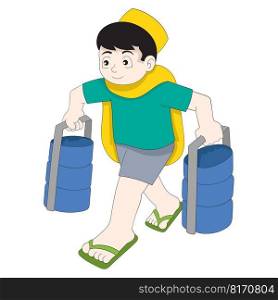 boy is walking carrying a basket filled with catering food delivered to the customer. vector design illustration art