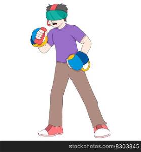 boy is wearing and playing new virtual reality game. vector design illustration art