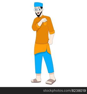 boy islam is standing taking out money to donate. vector design illustration art