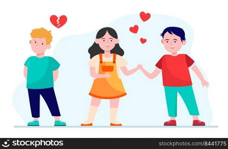 Boy jealous of girl to her friend. Children playing romantic relationship and heartbreak flat vector illustration. Childhood, friendship concept for banner, website design or landing web page