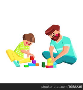 Boy Kid And Man Parent Playing Together Vector. Child Son And Father Playing Block Toy Game In Children Room. Characters Funny Gaming Playful Time Togetherness Flat Cartoon Illustration. Boy Kid And Man Parent Playing Together Vector