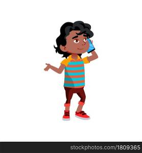 Boy Kid Calling And Talking On Smartphone Vector. African Child Call And Talk With Parents Or Friends On Smartphone Digital Device. Character Communication Flat Cartoon Illustration. Boy Kid Calling And Talking On Smartphone Vector