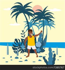 Boy kid in shorts and t-shirt on background of exotic plants of palm sea. Boy kid in shorts and t-shirt on background of exotic plants of palm sea, ocean, beach. Trend modern flat cartoon, vector, isolated, poster
