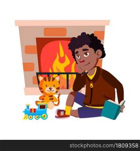 Boy Kid Sitting Near Fireplace And Thinking Vector. African Child With Book Literature Sit Near Toys And Burning Flame Thinking Or Dreaming. Character Guy Think Flat Cartoon Illustration. Boy Kid Sitting Near Fireplace And Thinking Vector