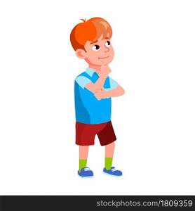 Boy Kid Standing In Store And Thinking Vector. Caucasian Child Stand In Shop Thinking And Choosing Ice Cream Dessert. Character Little Guy Resolving Problem Flat Cartoon Illustration. Boy Kid Standing In Store And Thinking Vector