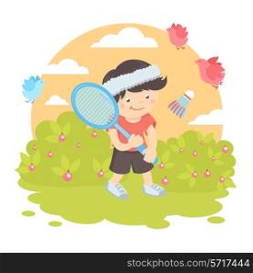Boy kid with sport racquet playing badminton on the lawn with nature outdoors background vector illustration.