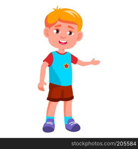 Boy Kindergarten Kid Poses Vector. Character Playing. Childish. Casual Clothe. For Presentation, Print, Invitation Design. Isolated Cartoon Illustration