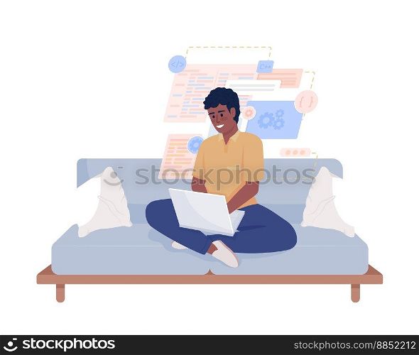 Boy learning software engineering comfortably semi flat color vector character. Editable figure. Full body person on white. Simple cartoon style illustration for web graphic design and animation. Boy learning software engineering comfortably semi flat color vector character