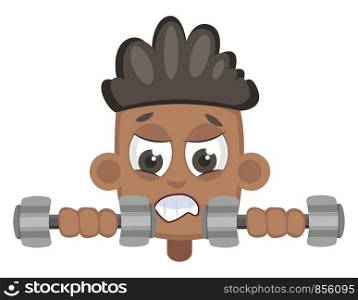 Boy lifting weights, illustration, vector on white background.