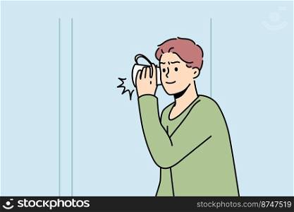 Boy listens to what is happening behind wall with mug near his ear. Guy wants to know secrets, mysteries of his neighbors. Teenager finds out why his parents are arguing. Vector outline illustration.. Boy listens to what happening behind wall with mug.