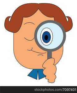 Boy looking with magnifier, illustration, vector on white background.