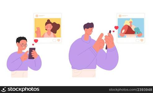 Boy love girl. Social media likes, boy and teenager using smartphones. Internet romance, dating or photo exchange. Modern relationship vector characters. Illustration of boy like photo. Boy love girl. Social media likes, boy and teenager using smartphones. Internet romance, dating or photo exchange. Modern relationship vector characters