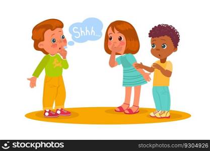Boy makes gesture of silence or secrecy to his friends by putting his finger to his lips. Child show facial expression, no noise sign, keep secret cartoon flat isolated illustration. Vector concept. Boy makes gesture of silence or secrecy to his friends by putting his finger to his lips. Child show facial expression, no noise sign, keep secret cartoon flat isolated vector concept