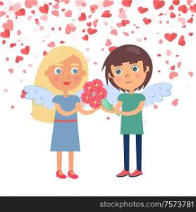 Boy making surprise for girlfriend giving bouquet. Couple with wings Valentine day, boyfriend giving flowers to girlfriend, card decorated by hearts vector. Boy Giving Bouquet to Girlfriend, Valentine Vector