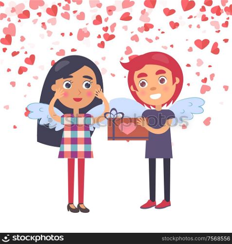 Boy making surprise for girlfriend giving present wrapped ribbon. Couple romantic day, relationships between young people, card decorated hearts vector. Boy Making Surprise. Present for Girlfriend Vector
