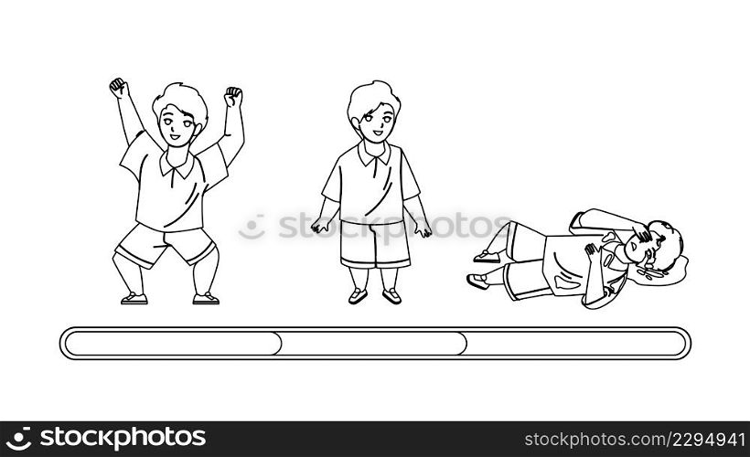 Boy Mood Laughing, Smiling And Offended Cry Black Line Pencil Drawing Vector. Little Kid Boy, Happy Play, Stand With Smile, Laying On Floor And Sobbing. Character Child Negative And Positive Emotion. Boy Mood Laughing, Smiling And Offended Cry Vector