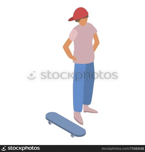 Boy near skateboard icon. Isometric of boy near skateboard vector icon for web design isolated on white background. Boy near skateboard icon, isometric style