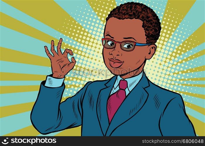 Boy OK gesture. Pop art retro vector illustration. African American people. Boy OK gesture