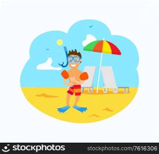 Boy on beach vector, summertime hobby of child, active relaxation in summer. Kid wearing equipment for snorkelling and diving underwater, flat style. Kid Wearing Special Equipment Diving Snorkelling