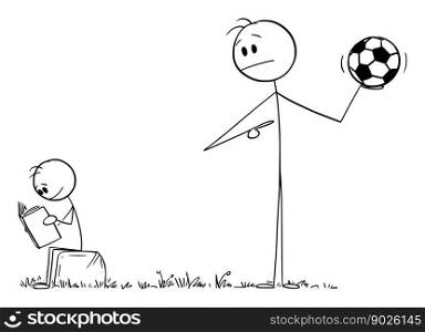 Boy or child reading book, don’t want to play soccer or football, vector cartoon stick figure or character illustration.. Child or Boy Reading Book, Don’t Want to Play , Vector Cartoon Stick Figure Illustration