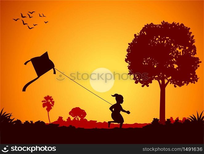 boy play kite that around with country rural life in silhouette style,vector illustration
