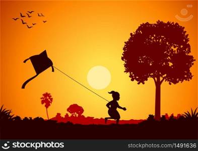boy play kite that around with country rural life in silhouette style,vector illustration