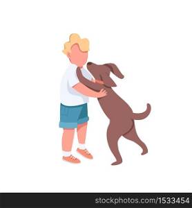 Boy play with dog flat color vector faceless characters. Little toddler want to hug cute puppy. Embrace doggy. Happy childhood isolated cartoon illustration for web graphic design and animation. Boy play with dog flat color vector faceless characters
