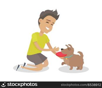 Boy Playing Frisbee with His Dog. Smiling boy playing frisbee with his dog. Dog with toy. Dog playing in flying disk. Boy and his pet. Brown dog is ready to play frisbee. Isolated vector illustration on white background