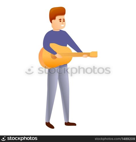 Boy playing guitar icon. Cartoon of boy playing guitar vector icon for web design isolated on white background. Boy playing guitar icon, cartoon style