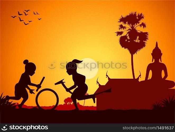 boy playing hit wheel and banana horse around with country rural life in silhouette style,vector illustration