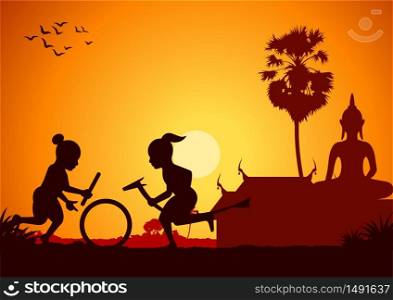 boy playing hit wheel and banana horse around with country rural life in silhouette style,vector illustration