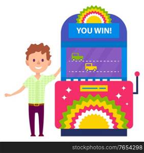 Boy playing racing cars arcades. You win, colorful retro game machine. Happy smiling young man with curly hair in gaming room. Excited male player winning. Boy Playing Racing Car Arcades Machine Vector
