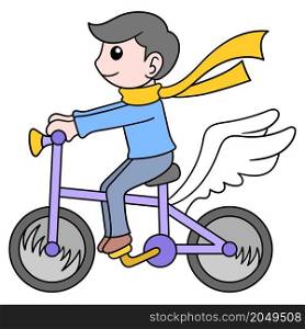 boy playing riding bicycle with flying wings