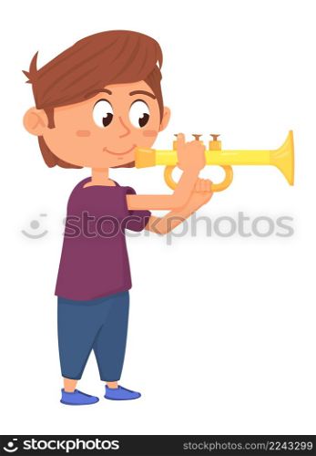 Boy playing trumpet. Kid with brass music instrument isolated on white background. Boy playing trumpet. Kid with brass music instrument