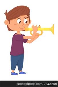 Boy playing trumpet. Kid with brass music instrument isolated on white background. Boy playing trumpet. Kid with brass music instrument