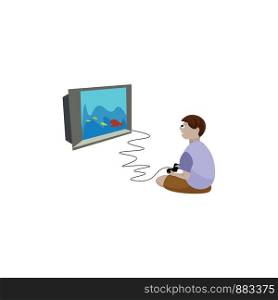Boy playing video games, illustration, vector on white background.
