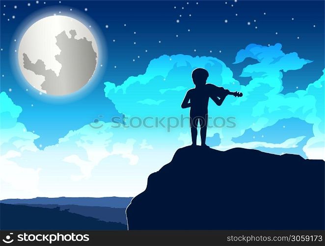 boy playing violin on the cliff in lonely night,vector illustration
