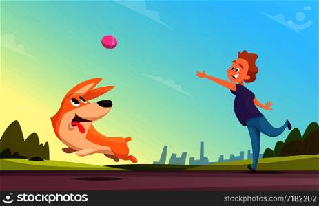 Boy playing with his pet in urban park. Dog catching little ball. Man outdoor happy activity puppy. Vector illustration. Boy playing with his pet in urban park. Dog catching little ball
