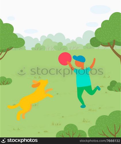 Boy plays with dog in park, throwing frisbee vector. Outdoor activity, kid having fun outside on meadow among trees and bushes, pet and owner on grass. Outdoor Activity, Boy Playing with Dog in Park