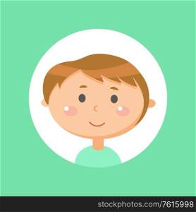 Boy portrait view, smiling teenager in flat style isolated on green, emotion of kid, child in casual clothes, sticker of little person in round icon vector. Teenager Face, Smiling Boy, Emotion of Kid Vector