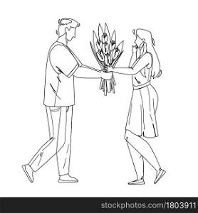 Boy Presenting Flowers To Girl With Love Black Line Pencil Drawing Vector. Young Man Giving Flowers Bouquet Gift To Attractive Woman. Characters Boyfriend And Girlfriend Couple Date Illustration. Boy Presenting Flowers To Girl With Love Vector