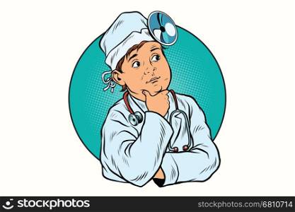 Boy profession doctor. Pop art retro vector illustration. Medicine and health care. Boy profession doctor