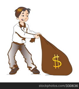 Boy Pulling a Sack of Money, vector illustration