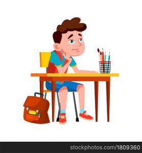 Boy Pupil On School Lesson And Thinking Vector. Caucasian Preteen Kid Sitting At Desk And Thinking About Problem. Thoughtful Character Child Studying Time Flat Cartoon Illustration. Boy Pupil On School Lesson And Thinking Vector