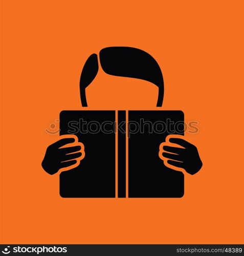 Boy reading book icon. Orange background with black. Vector illustration.