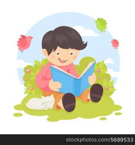 Boy reading book outdoors with cat and birds on background poster vector illustration