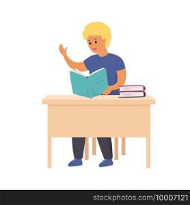 Boy reading book. Smart smiling child sitting on chair with books, happy clever student in classroom, education and knowledge vector cartoon studying in school concept, flat style isolated character. Boy reading book. Smart smiling child sitting on chair with books, happy clever student in classroom, education and knowledge vector cartoon studying concept, flat style isolated character